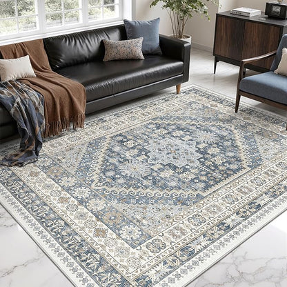 6x9 Area Rugs for Living Room,Soft Low Pile Indoor Washable Rugs for Bedroom, Non-Slip Backing Vintage Large Area Rug, Printed Vintage Floral Carpet(Blue/Beige,6'x9')