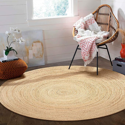 Hausattire Hand Woven Jute Braided Rug, 5’ Round – Natural, Reversible Boho Entry Area Rugs for Kitchen, Living Room I Farmhouse Decorative Floor Rug, 5 Feet Round