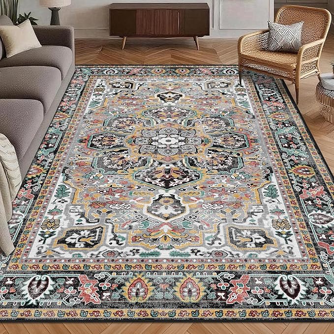 Washable Area Rug 5' x 7' Vintage Traditional Persian Mat - Foldable Distressed Non-Slip Machine Washable Carpet for Living Room Bedroom Kitchen Home Decor - Slate and Multicolor