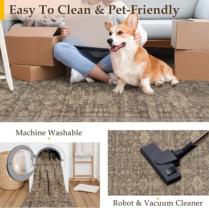 6x9 Washable Area Rug for Living Room Bedroom Vintage Rust Red Carpet Soft Low Pile Traditional Retro Non Slip Throw Rug for Dining Room Entryway Indoor Dorm Kitchen