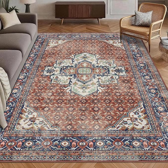 Washable Area Rug 9' x 12' Vintage Traditional Persian Mat - Foldable Distressed Non-Slip Machine Washable Carpet for Living Room Bedroom Kitchen Home Decor - Terracotta and Navy