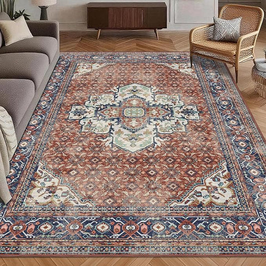 Washable Area Rug 9' x 12' Vintage Traditional Persian Mat - Foldable Distressed Non-Slip Machine Washable Carpet for Living Room Bedroom Kitchen Home Decor - Terracotta and Navy