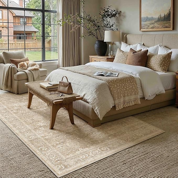 6x9 Washable Area Rug for Living Room Bedroom Vintage Beige Carpet Soft Low Pile Traditional Retro Non Slip Throw Rug for Dining Room Entryway Indoor Dorm Kitchen