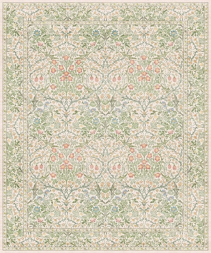 Vintage Washable Beige Green 10x12 Rug for Living Room - Extra Large Area Rug for Dining Room Under Table, Soft Low Pile Carpet for Bedroom - Botanical Forest Floral Design