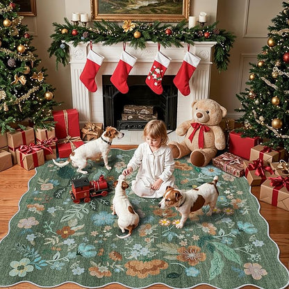 Floral Square Area Rug for Family: Washable 5x5 Scalloped Carpet for Living Room Bedroom Soft Water Resistant Floor Mat with Non Slip Backing for Kitchen Nursery Farmhouse Home Decor(5x5,Floral/Green)