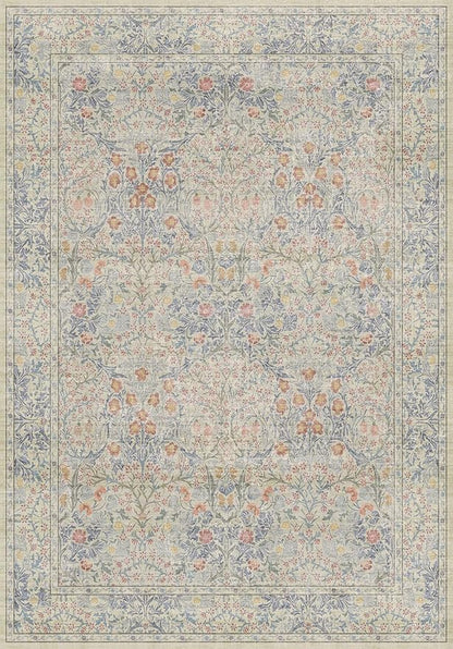7x10 Washable Rug for Living Room - Stain Resistant Dining Room Rugs for Under Table, Soft Low Pile Large Carpet for Bedroom - Vintage Floral Non-Slip (Beige Blue)