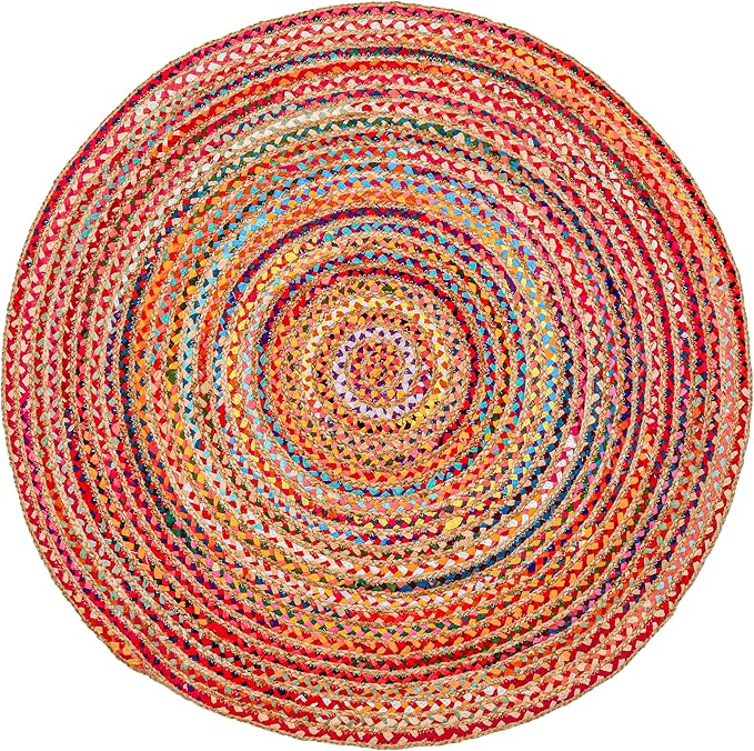 Hausattire Bohemian Braided Rug 5' Round - Multi Color, Rustic Hand Woven Rag Rugs for Kitchen, Kids Bedroom, Living Room | Colorful Farmhouse Pet Friendly Reversible Decorative Carpet