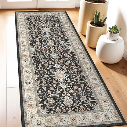 Washable 3x7 Kitchen Runner Rug: Non-Silp Runners Mat for Entryway Bathroom Indoor Entry Hallway Bedroom Laundry Soft Low Pile Distressed Carpet (Black, 3X7)