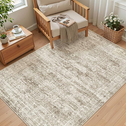 3x5 Rug, Small Area for Kitchen, Entryway, Machine Washable Non-Slip Throw Rug, Vintage Carpet for Nursery Coffee Table Brown