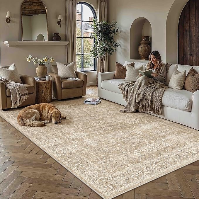 6x9 Washable Area Rug for Living Room Bedroom Vintage Beige Carpet Soft Low Pile Traditional Retro Non Slip Throw Rug for Dining Room Entryway Indoor Dorm Kitchen