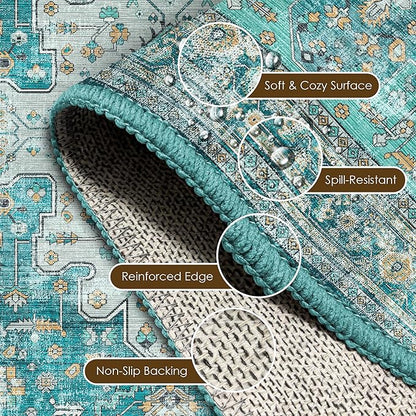 Washable Area Rug 8' x 10' Vintage Traditional Persian Mat - Foldable Distressed Non-Slip Machine Washable Carpet for Living Room Bedroom Kitchen Home Decor - Teal and Gold