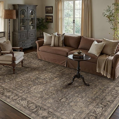 10x12 Washable Area Rug for Living Room Bedroom Vintage Brown Non Slip Carpet Traditional Retro Soft Low Pile Large Throw Rug for Dining Room Kitchen Office Indoor