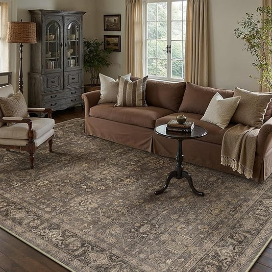 5x7 Washable Area Rug for Living Room Bedroom Vintage Brown Soft Low Pile Carpet Traditional Retro Non Slip Throw Rug for Dining Room Entryway Indoor Dorm Kitchen