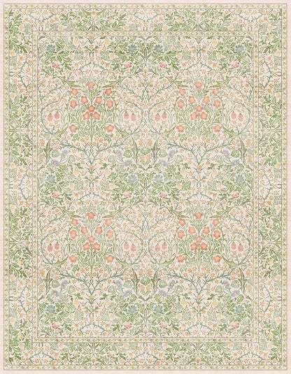 Hazo Haus Light Beige Green Floral Living Room Rug, 7x9 Washable Area Rug for Kids Room, Bedroom, Nursery Room, Living Room, Dining Room, Low Pile Non-Slip - Vintage Design & Stain Resistance