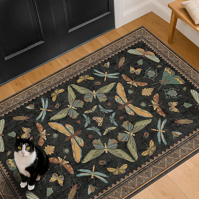Hazo Haus Black Front Door Mat Indoor Entrance Non Slip Washable - 3x4 Throw Rug for Kitchen, Mudroom, Bedroom Bedside, Insect Boho Vintage Aesthetic Décor