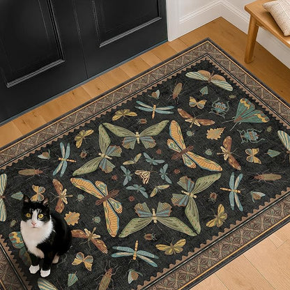 Hazo Haus Black Front Door Mat Indoor Entrance Non Slip Washable - 3x4 Throw Rug for Kitchen, Mudroom, Bedroom Bedside, Insect Boho Vintage Aesthetic Décor