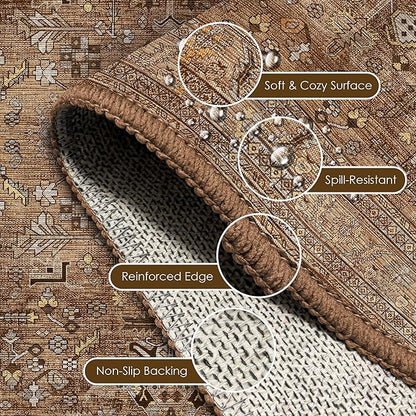 Washable Area Rug 2'6'' x 8' Vintage Traditional Persian Mat - Foldable Distressed Non-Slip Machine Washable Carpet for Living Room Bedroom Kitchen Home Decor - Bronze and Ivory