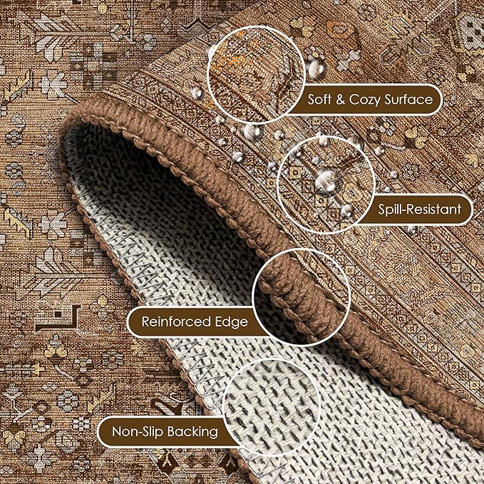Washable Area Rug 6' x 9' Vintage Traditional Persian Mat - Foldable Distressed Non-Slip Machine Washable Carpet for Living Room Bedroom Kitchen Home Decor - Bronze and Ivory