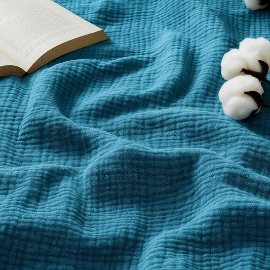 Bedsure 100% Cotton Muslin Blanket Queen Size for Bed - 4-Layer Breathable and Lightweight Thin Soft Summer Gauze Muslin Blankets for Adults, Teal, 90x90 Inches