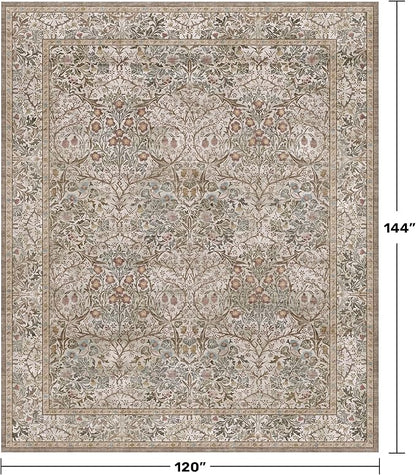 Washable Living Room Rug 10x12 - Moss Green Oriental Area Rug for Dining Room Under Table, Low Pile Non-Slip Floor Carpet for Bedroom Under Bed - Vintage Earthy Design & Stain Resistance