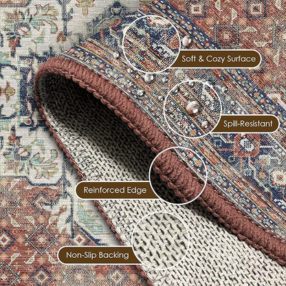 Washable Area Rug 6' x 9' Vintage Traditional Persian Mat - Foldable Distressed Non-Slip Machine Washable Carpet for Living Room Bedroom Kitchen Home Decor - Terracotta and Navy