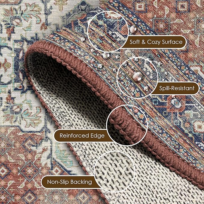 Washable Area Rug 5' x 7' Vintage Traditional Persian Mat - Foldable Distressed Non-Slip Machine Washable Carpet for Living Room Bedroom Kitchen Home Decor - Terracotta and Navy