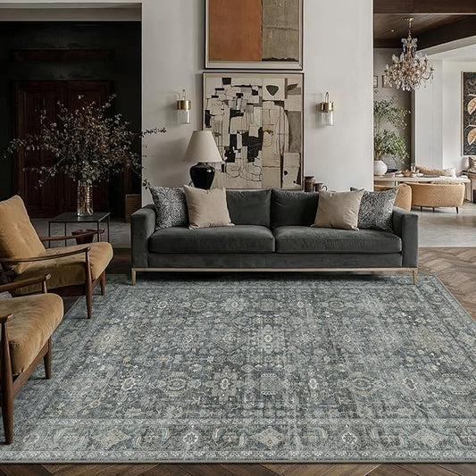 5x7 Washable Area Rug for Living Room Bedroom Vintage Black Grey Soft Low Pile Carpet Traditional Retro Non Slip Throw Rug for Dining Room Entryway Indoor Dorm Kitchen