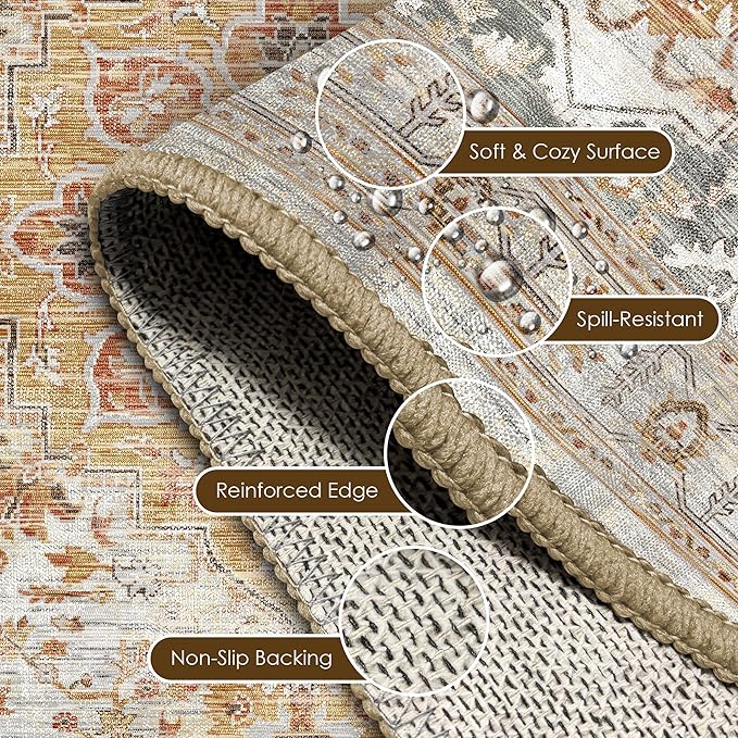 Washable Area Rug 6' x 9' Vintage Traditional Persian Mat - Foldable Distressed Non-Slip Machine Washable Carpet for Living Room Bedroom Kitchen Home Decor - Dove Gray and Coral