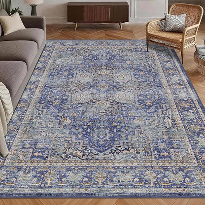 Washable Area Rug 9' x 12' Vintage Traditional Persian Mat - Foldable Distressed Non-Slip Machine Washable Carpet for Living Room Bedroom Kitchen Home Decor - Indigo and Gold