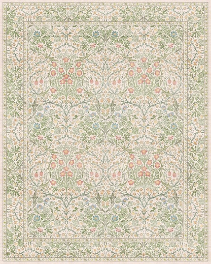 Cream Green Washable 8x10 Area Rugs for Living Room, Bedroom, Dining Room Under Table, Playroom, Stain Resistant Non-Slip Light Green Carpet with Pale Yellow and Pink Blossoms and Blue Flowers