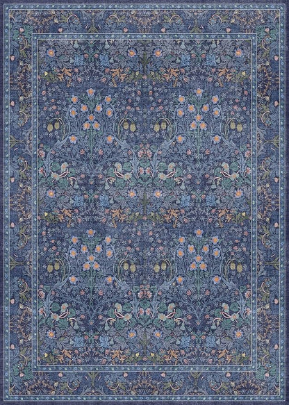 Dark Navy Blue Living Room Rug 5x7 Area Rug - Vintage Floral Forest Washable Mat for Dining Room, Bedroom, Low Pile Non Slip Stain Resistance Distressed Retro Indoor Boho Carpet