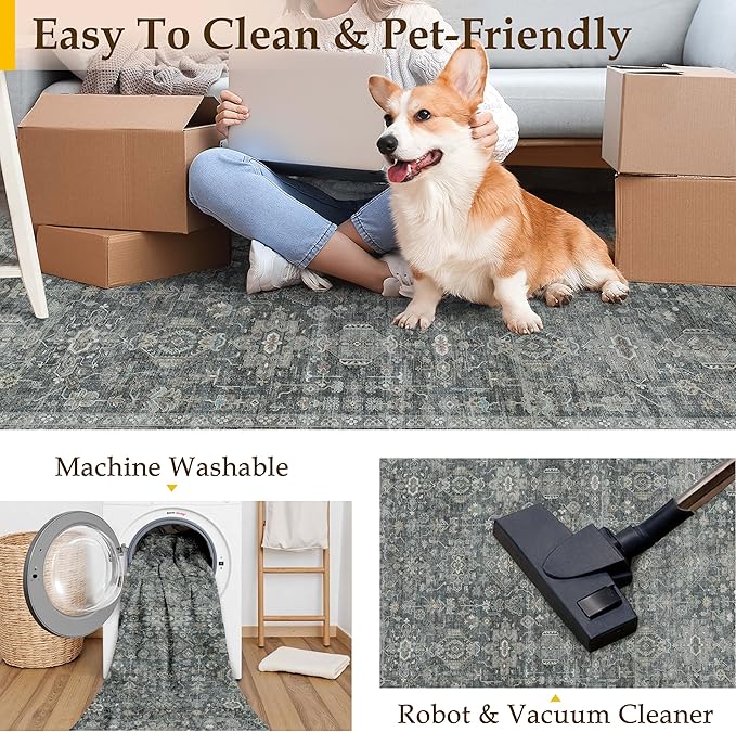9x12 Washable Area Rug for Living Room Bedroom Vintage Black Grey Non Slip Carpet Traditional Retro Soft Low Pile Large Throw Rug for Dining Room Kitchen Office Indoor