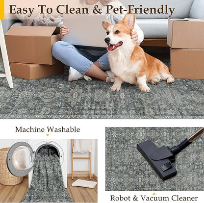 6x9 Washable Area Rug for Living Room Bedroom Vintage Black Grey Carpet Soft Low Pile Traditional Retro Non Slip Throw Rug for Dining Room Entryway Indoor Dorm Kitchen