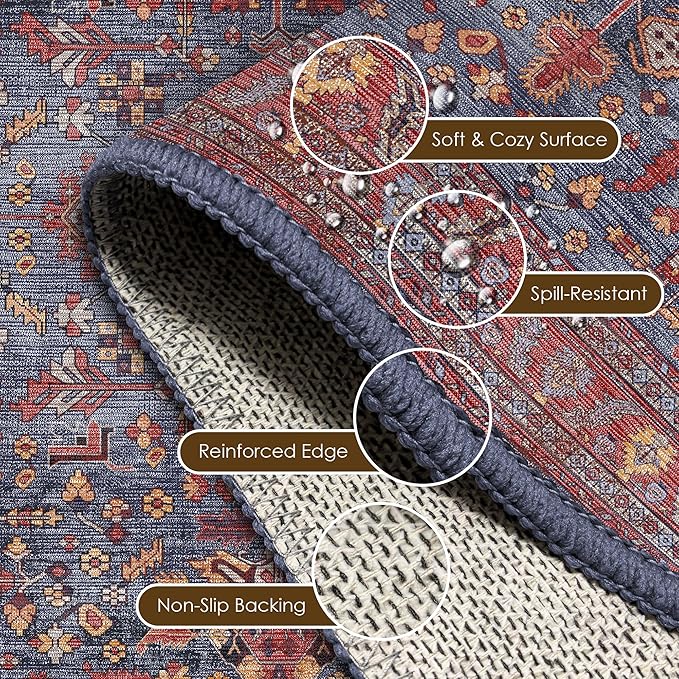 Washable Area Rug 8' x 10' Vintage Traditional Persian Mat - Foldable Distressed Non-Slip Machine Washable Carpet for Living Room Bedroom Kitchen Home Decor - Indigo and Crimson