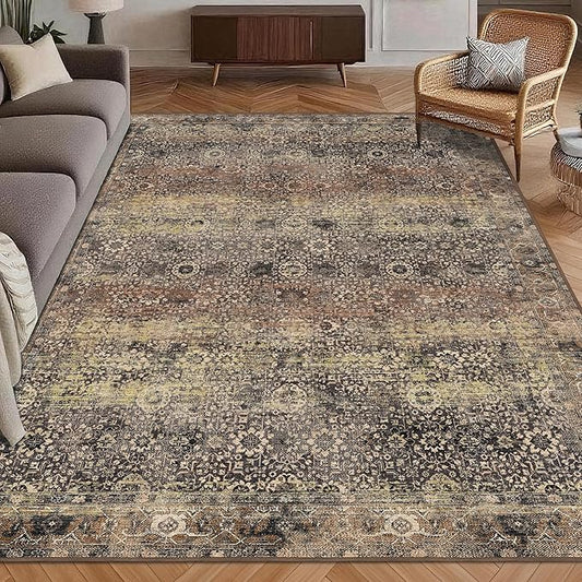 Washable Area Rug 5' x 7' Vintage Traditional Persian Mat - Foldable Distressed Non-Slip Machine Washable Carpet for Living Room Bedroom Kitchen Home Decor - Umber and Slate