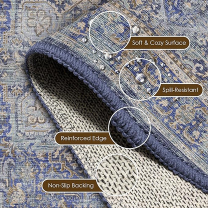Washable Area Rug 6' x 9' Vintage Traditional Persian Mat - Foldable Distressed Non-Slip Machine Washable Carpet for Living Room Bedroom Kitchen Home Decor - Indigo and Gold