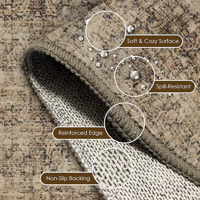 Washable Area Rug 3' x 5 ' Vintage Traditional Persian Mat - Foldable Distressed Non-Slip Machine Washable Carpet for Living Room Bedroom Kitchen Home Decor - Mocha and Taupe