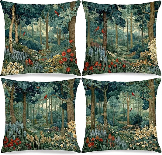 Rustic Forest Green Pillow Covers 18x18 Set of 4, Cottagecore Summer Lemon Forest Nature Botanical William Morris Inspired Decorative Throw Pillow Covers for Sofa Bed Bedroom Living Room