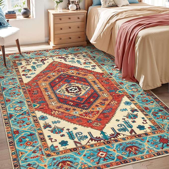 SERISSA 4x6 Boho Bedroom Rug, Washable Non Slip Vintage Orange Area Rugs, Ultra Soft Print Distressed Tribal Entry Rug Low-Pile Throw Carpet for Nursery Dorm Kitchen Living Room Decor