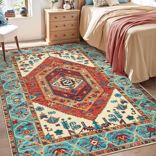 SERISSA 4x6 Boho Bedroom Rug, Washable Non Slip Vintage Orange Area Rugs, Ultra Soft Print Distressed Tribal Entry Rug Low-Pile Throw Carpet for Nursery Dorm Kitchen Living Room Decor